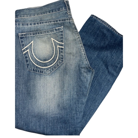 True Religion Blue Straight Jeans with Fading and Whiskering - Picture 3 of 5